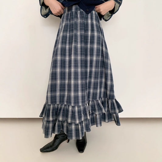 Academy style retro literary versatile lotus leaf edge plaid skirt women