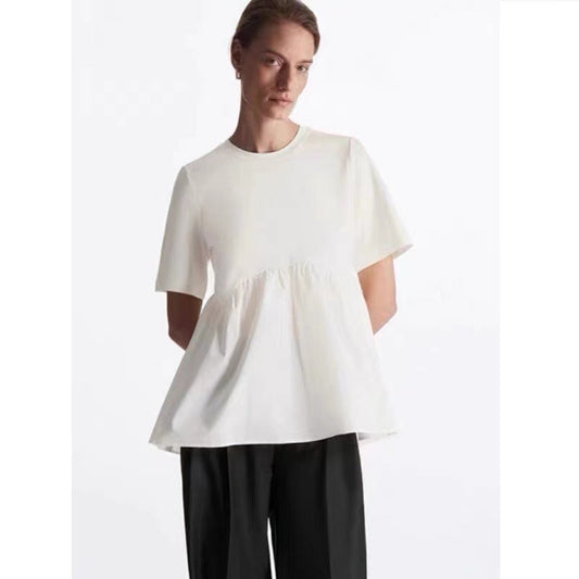 Spring and Summer Casual Short Pleated Crew Neck Top