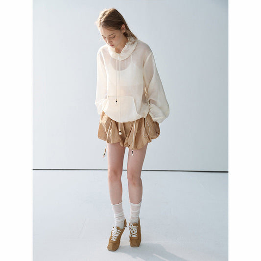 Summer new casual neckline lace-up linen transparent patch bag drawstring pumpkin collar top