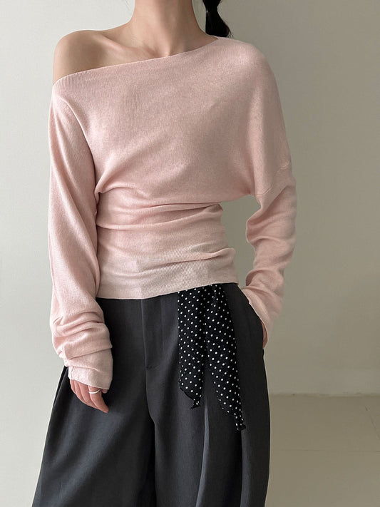 Design sense waist slim slanted shoulder knitted sweater women's autumn new long-sleeved off-the-shoulder top bottoming shirt ss780