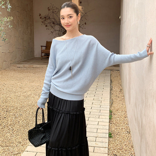 Temperament slanted shoulder knitted sweater women's spring soft waxy skin-friendly loose bat sleeve sweater