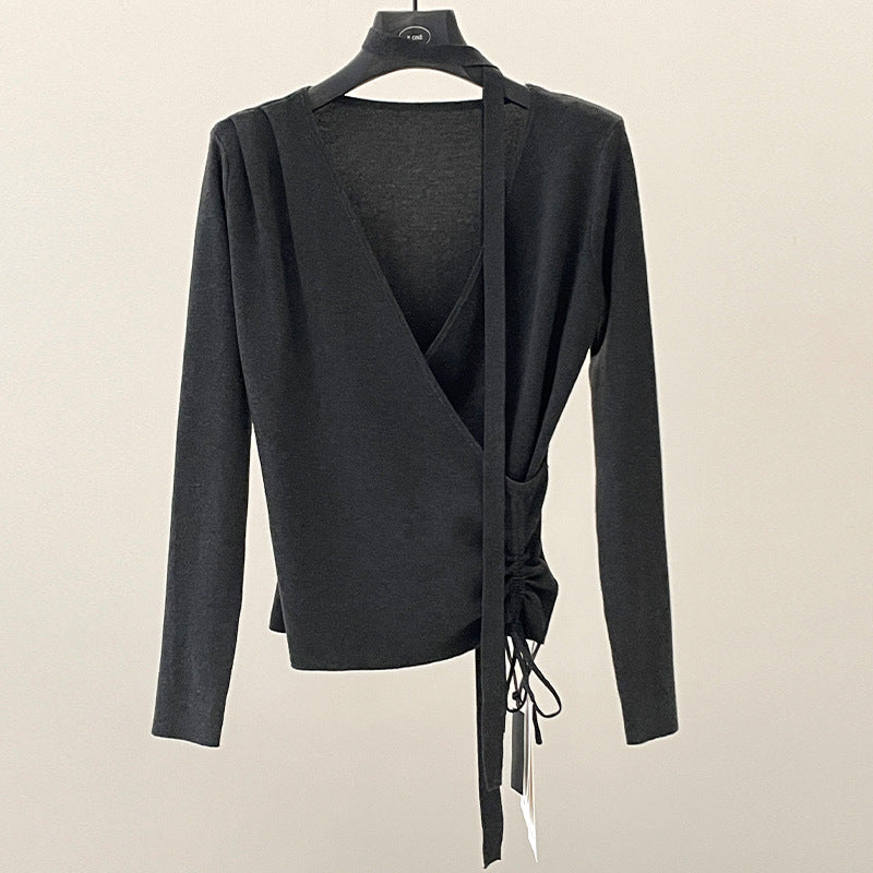 Drawstring design sense temperament Lyocell chest wrap slim streamer V-neck knitted sweater spring