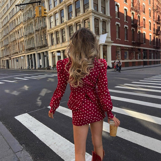 Fashion polka dot long-sleeved pleated top jacket skirt set two-piece set