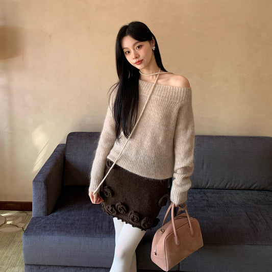 Temperament loose slanted shoulder backless sexy lace-up sweater