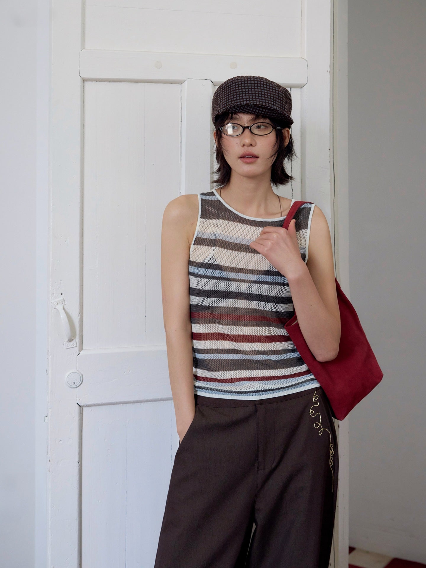 Tencel linen hollow striped knitted sweater vest retro contrasting niche top