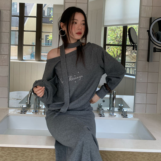 Casual Relaxed Temperament Two-piece Set Slant Neck Off-Shoulder Sweater Set