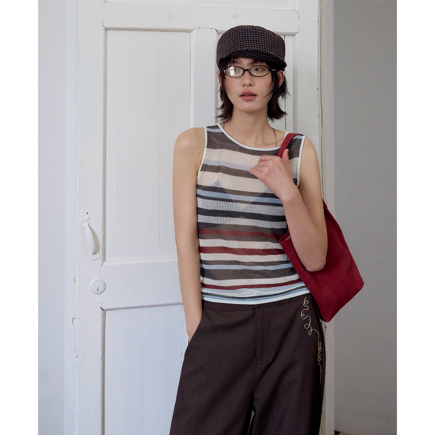 Tencel linen hollow striped knitted sweater vest retro contrasting niche top