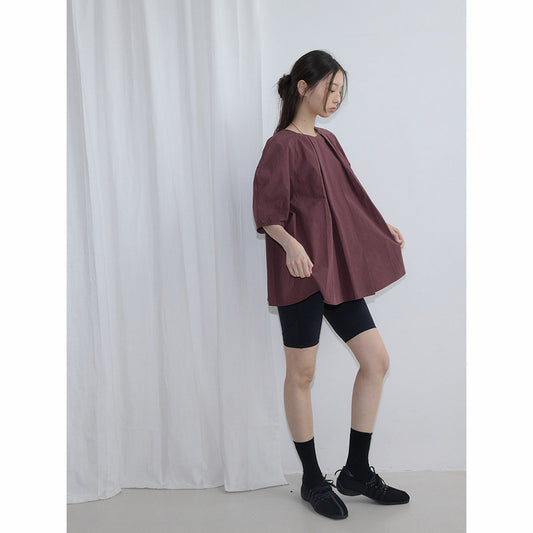 Spring new casual round neck simple and versatile solid color linen cotton bubble sleeve top