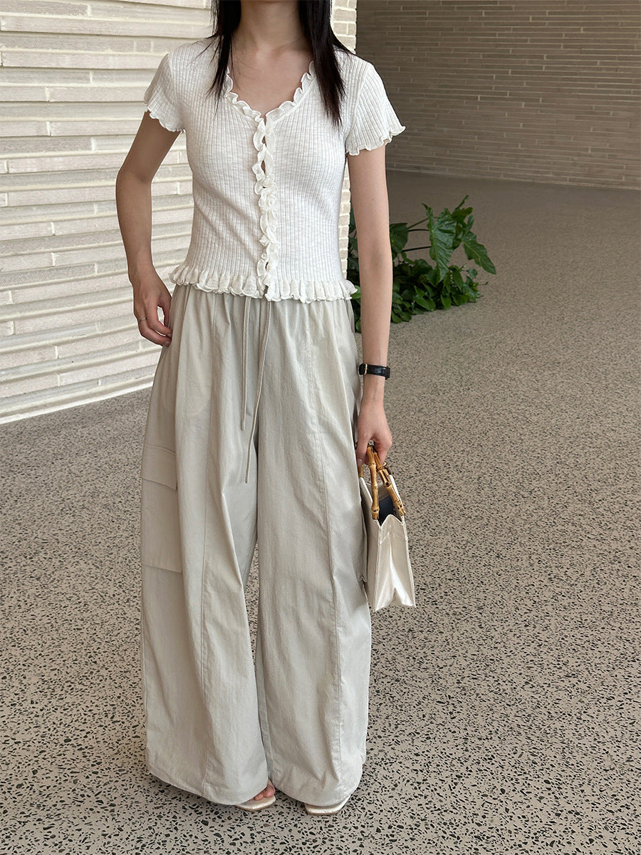 French V-neck pit strip fungus edge short-sleeved pit strip knitted sweater new top