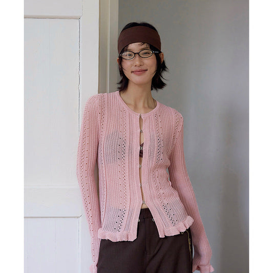 Tencel linen hollow knitted sweater retro commuter niche cardigan top