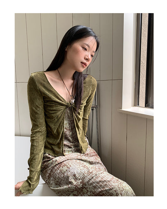 Slim-fit long-sleeved stacked kink v-neck women's sweater fleece shirt