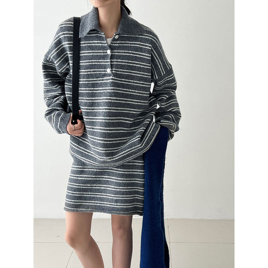 Korean lapel striped knitted sweater + skirt set autumn and winter loose lazy sweater