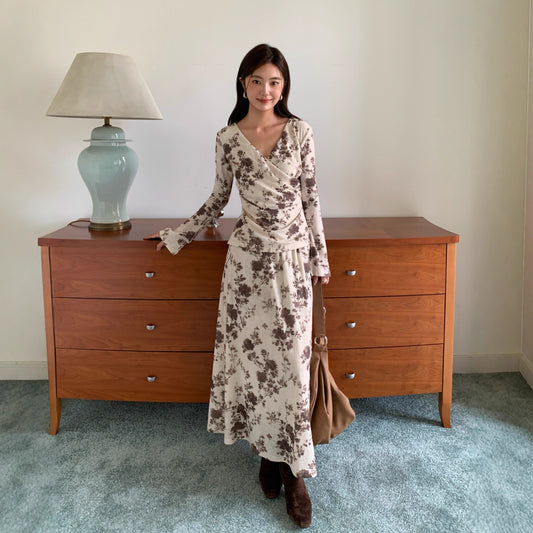 Vintage Premium Printed Long Sleeve Two-piece Set Floral Skirt Set