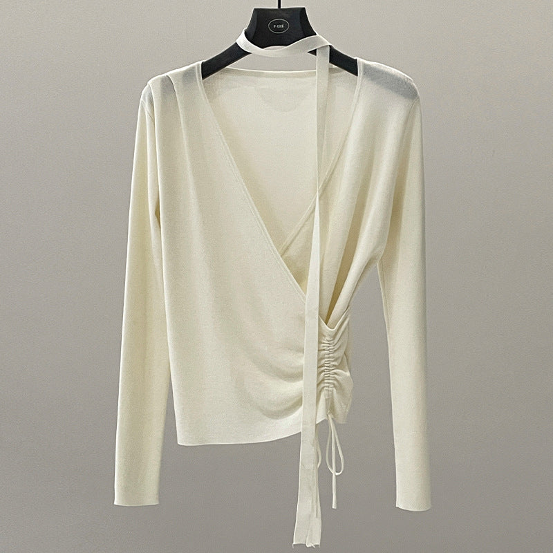 Drawstring design sense temperament Lyocell chest wrap slim streamer V-neck knitted sweater spring
