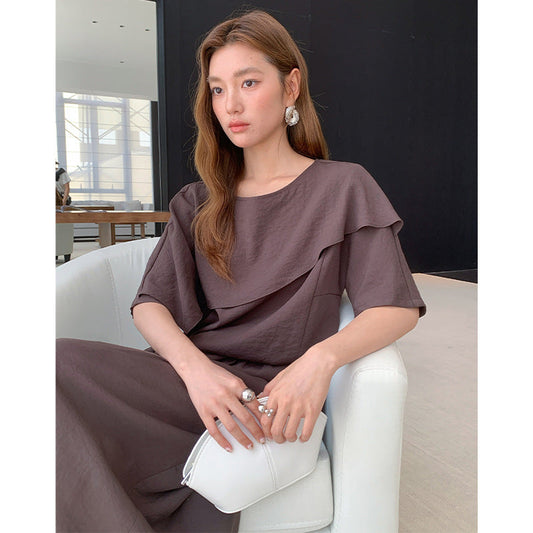 Temperament ruffle edge short-sleeved shirt + drawstring skirt two-piece set minimalist style suit spring and summer