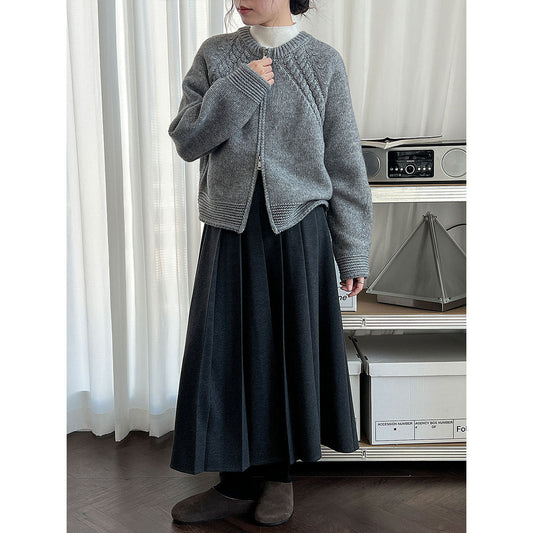 Korean double-ended zipper crew neck knitted jacket women's autumn and winter twisted flower high-end thick sweater cardigan