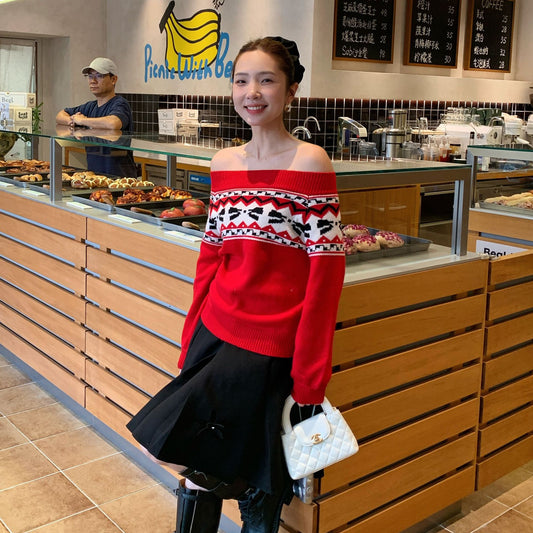 Sweet age-reducing wear loose one-word shoulder halter sweater for women