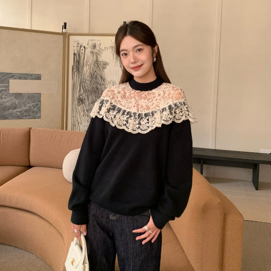 Age-reducing hollow lace splicing long-sleeved pullover knitted sweater