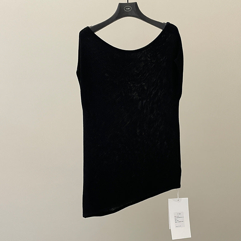 Textured slanted shoulder knitted sweater summer lazy style Lyocell ice silk short-sleeved top