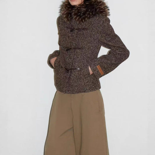 2026 retro twill wool removable fur collar slim and thin woolen jacket women's short waist woolen goods autumn and winter