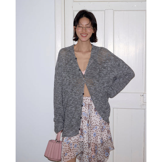 Hollow POLO neck sunscreen cardigan knitted sweater loose outer long-sleeved top