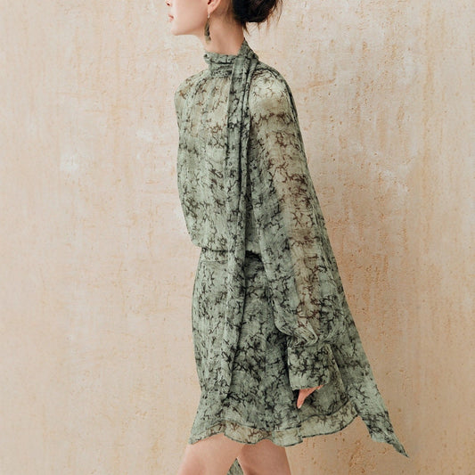 Spring and summer new smudge print top irregular skirt set