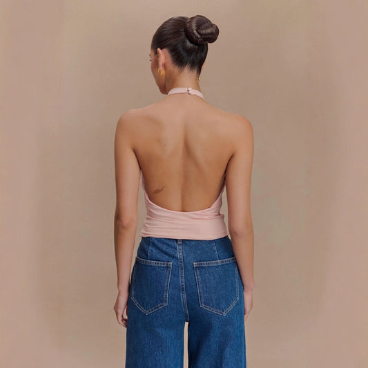 Fashion neck top irregular sexy hottie backless T-shirt