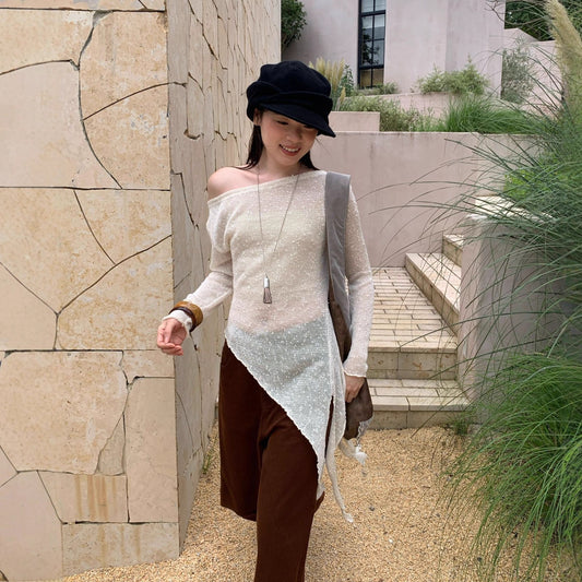 Women's Asymmetric Off-Shoulder Hollow-Out Knit Pullover Sweater