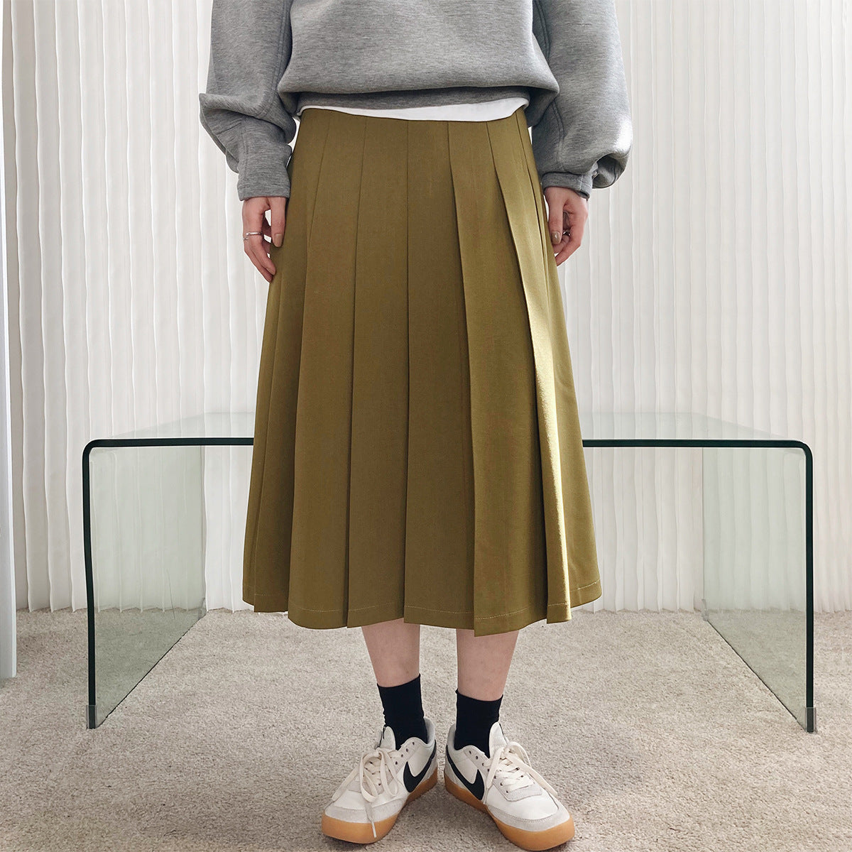 2024 new korean style french retro a-line pleated skirt - high waist, flared, and pleated midi skirt for women