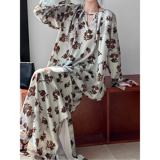 French high-end long-sleeved floral shirt + A-shaped split skirt two-piece set of relaxation suit for women