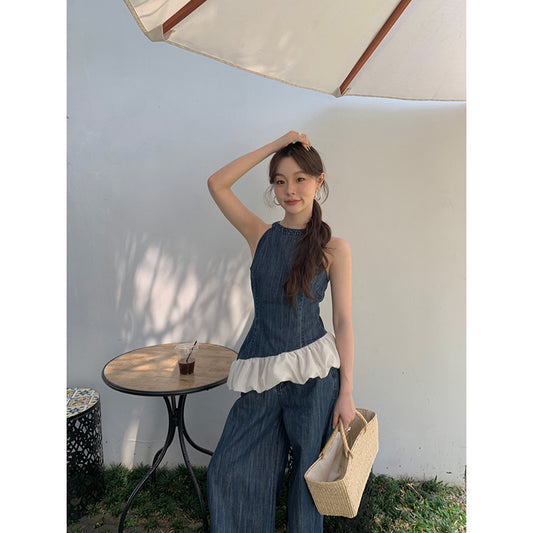 Summer French retro fashion suit female high-end denim two-piece set