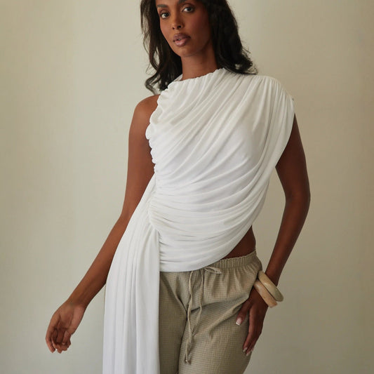 Fashion Irregular Solid Color Pleated Sleeveless Ribbon Crew Neck T-Shirt Top