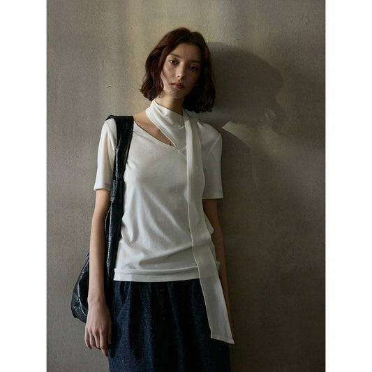 Tencel wool streamer short-sleeved T-shirt women's spring new scarf collar simple commuter top