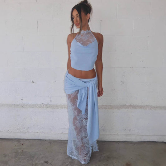 Beach vacation style sexy hollow lace skirt set swing collar top skirt two-piece set