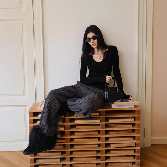 French Lace Trim Wool Knit Top | V-Neck Slim Fit Stretch Base Layer