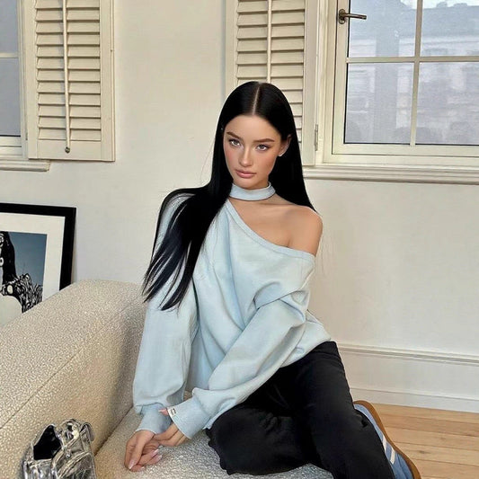 Autumn and winter new design simple sky blue slanted shoulder off-the-shoulder sweater