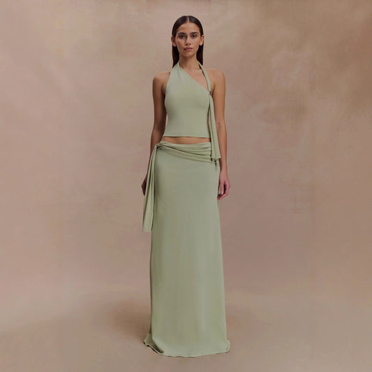 Fashion diagonal neck top slim streamer hip skirt two-piece set