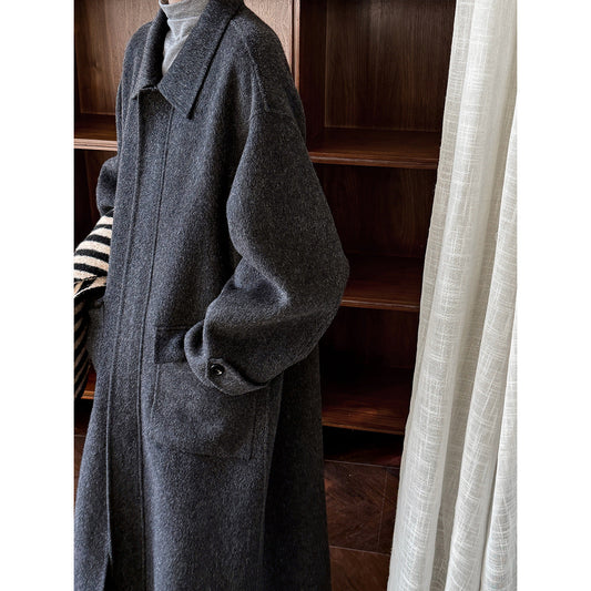 100% wool lapel zipper double-sided woolen coat women's design silhouette double patch bag long coat