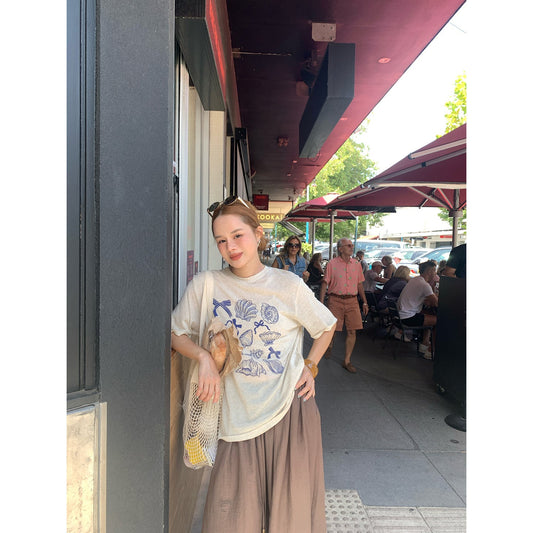 Age-reducing loose linen crew neck dropped shoulder short sleeve print T-shirt