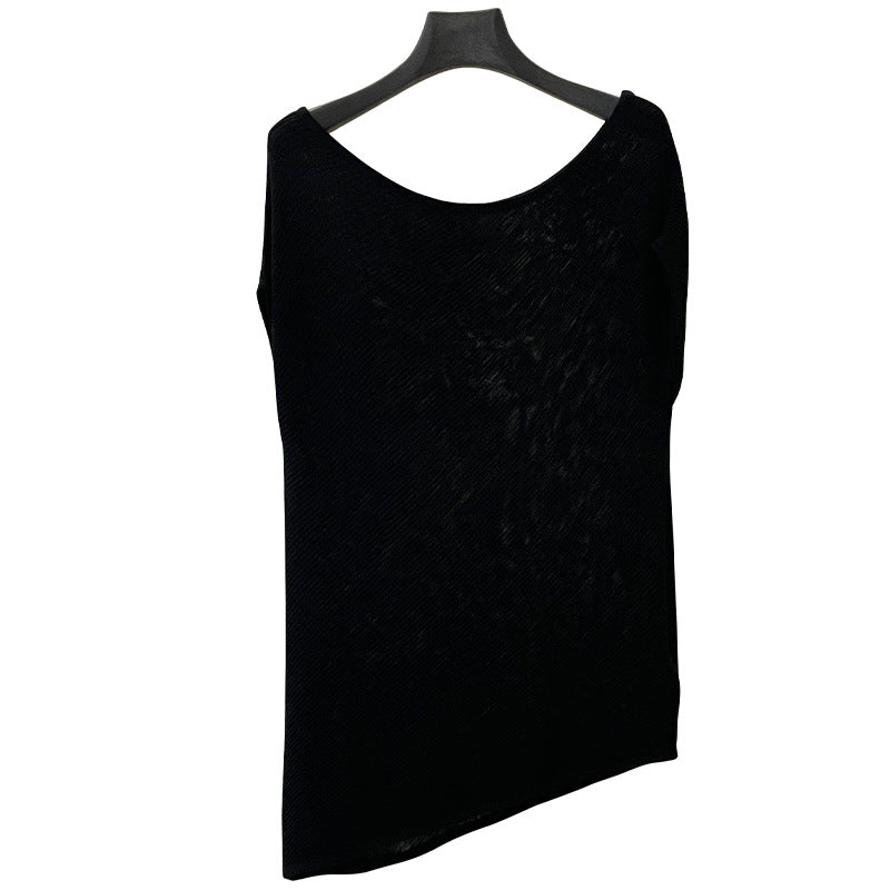 Textured slanted shoulder knitted sweater summer lazy style Lyocell ice silk short-sleeved top