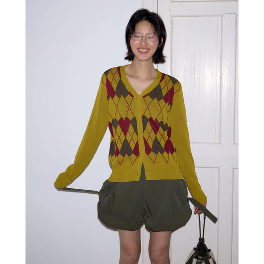 Vintage diamond checkered cardigan, knitted shirt, American preppy style V-neck top