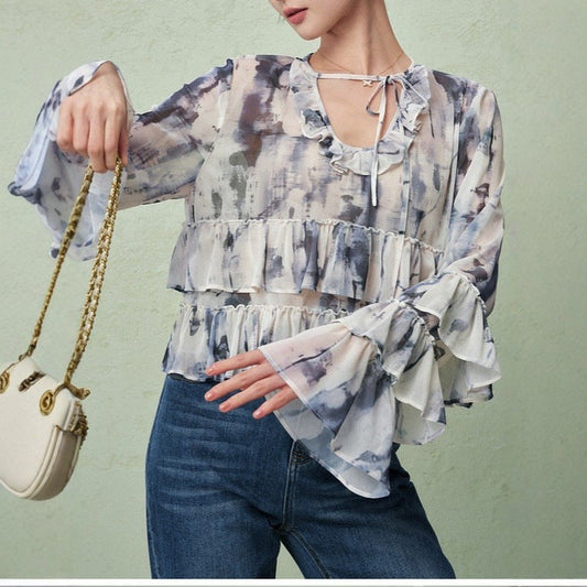 T-shirt printed French romantic smudged mesh ruffle edge short soft flared sleeve top