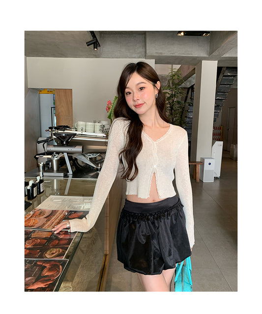 Thin knitted sweater commuter versatile single-breasted v-neck sunscreen shirt