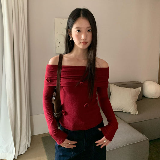 Skin-friendly one-word shoulder backless long-sleeved knitted sweater