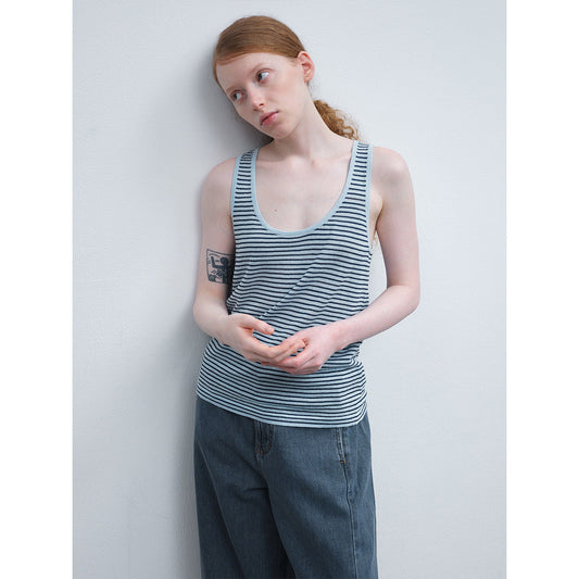 Spring new casual U-neck tencel hemp versatile striped knitted vest top