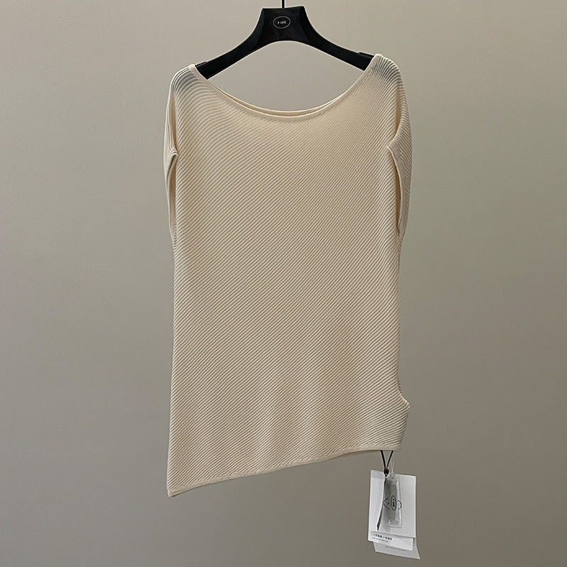 Textured slanted shoulder knitted sweater summer lazy style Lyocell ice silk short-sleeved top