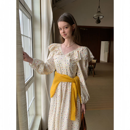 Age-reducing ruffle leaf edge waist polka dot dress