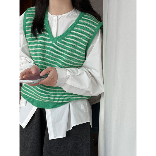 Temperament V-neck contrasting striped sweater women