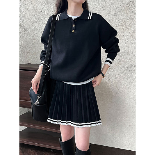 Academy style polo neck sweater + high waist pleated skirt set