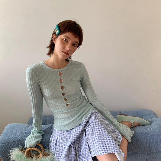 Rebel Sweetheart Hollow Knitted Sweater Bottom Shirt French Gentle Long Sleeve Top